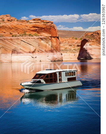 Generative AI Illustration Speed Boat on a Lake 126363967