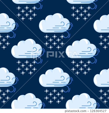Seamless night sky pattern with fluffy cloud, wind and snowflake on a dark blue background in cartoon style. Perfect for textile, wallpaper, baby product and dreamy celestial themed design. Seamless night sky pattern with fluffy cloud, wind and snowflake on a dark blue background in cartoon style. Perfect for textile, wallpaper, baby product and dreamy celestial themed design. 126364527