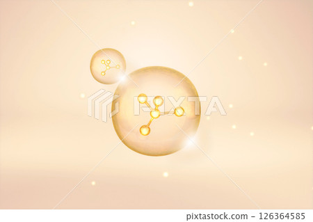 金色背景上漂浮的膠原蛋白分子和美容泡泡 126364585
