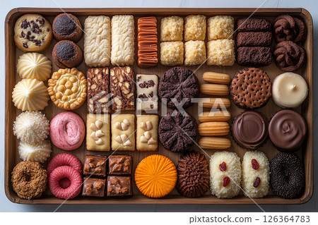 Variety of bakes and cookies in on a wooden trading tray on a white background. 126364783