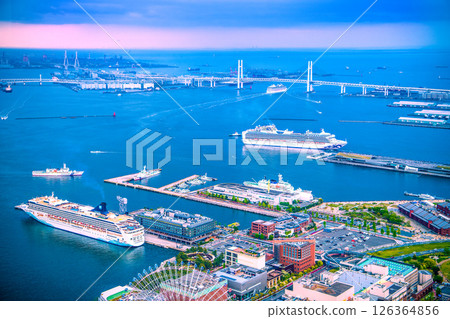 Four luxury cruise ships in Yokohama, Japan. Norwegian... and Riviera, Diamond... are also departing... and Queen Four luxury cruise ships in Yokohama, Japan. Norwegian... and Riviera, Diamond... are also departing... and Queen 126364856