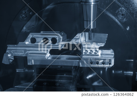 The 5-axis CNC milling machine cutting the aerospace part with solid ball end mill tool in the light blue scene. 126364862