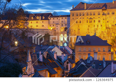 Historic buildings at sunrise in Cesky Krumlov Czech Republic 126364975