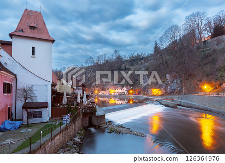 River and dam at sunrise in Cesky Krumlov Czech Republic 126364976