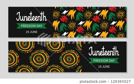 Juneteenth Billboard set. Horizontal greeting background for web. African abstract ethnic pattern. Struggle for freedom. Hand Juneteenth lettering. Vector flat illustration. Juneteenth Billboard set. Horizontal greeting background for web. African abstract ethnic pattern. Struggle for freedom. Hand Juneteenth lettering. Vector flat illustration. 126365027