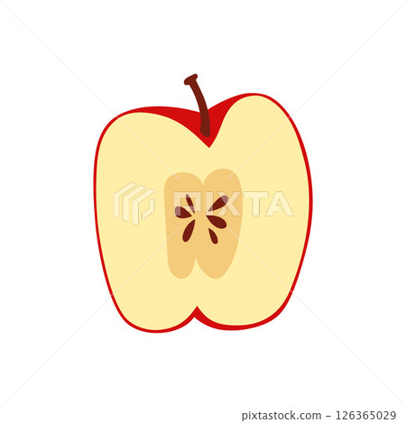 Simple half full red apple on white background. Hand drawn icon fruit with green lives. Farm and agriculture, organic food. Flat vector illustration for packaging, branding, menu, recipe. 126365029