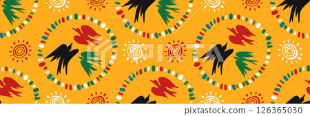 African Abstract ethnic seamless pattern with hand drawn birds of freedom and sun. Geometric horizontal background. Juneteenth celebration background. Vector doodle illustration. 126365030