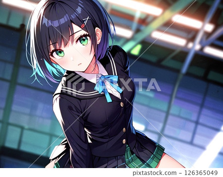 Illustration: Beautiful girl in black hair and uniform Illustration: Beautiful girl in black hair and uniform 126365049