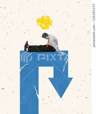 No Fuel. Conceptual collage. Exhausted businessman sits on blue downward arrow, head lowered beneath scribbled yellow cloud symbolizing stress and doubt. 126365157
