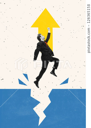 Glass Ceiling Crash. Creative collage. Man in suit leaps from cracked platform toward bold yellow arrow aiming high, breaking limits with energy. 126365158