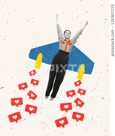 Fuel by respect. Conceptual collage. Cheerful woman stands triumphantly in rocket of digital hearts, launching through space with energy and joy. 126365159