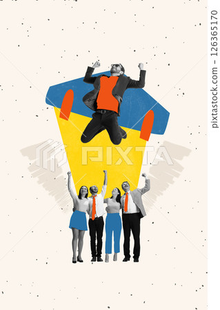Team Lift-Off. Conceptual collage. Confident businessman launches from group as rocket, cheered by teammates below, symbolizing leadership. 126365170