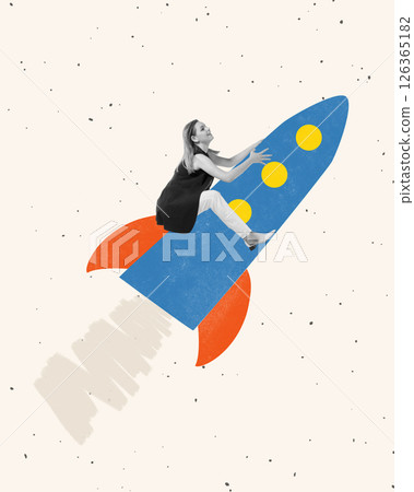 Conceptual art collage. Career Launch. Excited woman, business lady flies out of office on rocket in motion against textured background. Conceptual art collage. Career Launch. Excited woman, business lady flies out of office on rocket in motion against textured background. 126365182