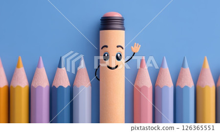 Cartoon Pencil Character Amidst Colorful Pencils on a Blue Background Cartoon Pencil Character Amidst Colorful Pencils on a Blue Background 126365551