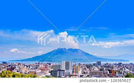 Aerial view: Panorama of Sakurajima, Kagoshima city, and blue sky [Landscape of Kagoshima City, Kagoshima Prefecture] 126365627