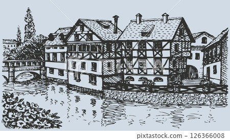 Vector cityscape. Street with old half-timbering houses of European town 126366008