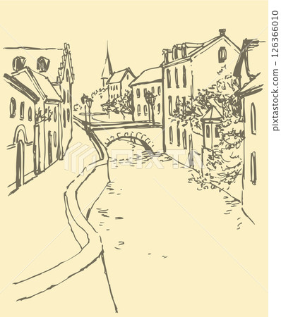 Vector cityscape. Old street along the canal with bridge Vector cityscape. Old street along the canal with bridge 126366010