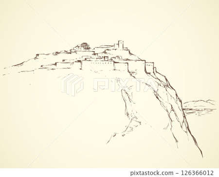 Ancient city on rock. Vector drawing 126366012
