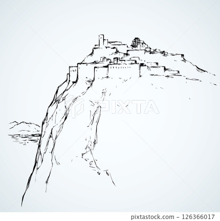 Ancient city on rock. Vector drawing 126366017