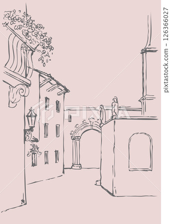Vector sketch of cityscape. Thoroughfare of the old monastery 126366027