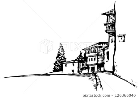 Narrow street of the old city. Vector drawing 126366040