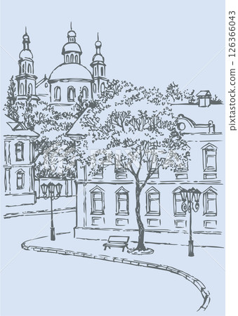 Vector cityscape. Old street with benches and lanterns 126366043