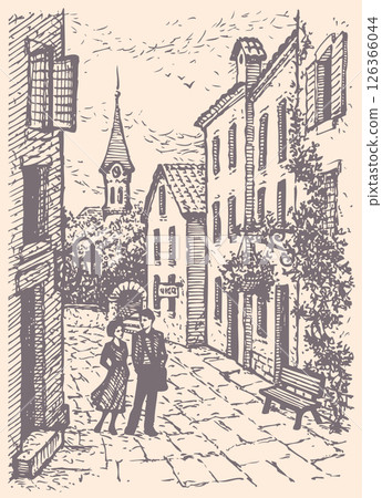 Vector cityscape. Young couple walking on the old street 126366044