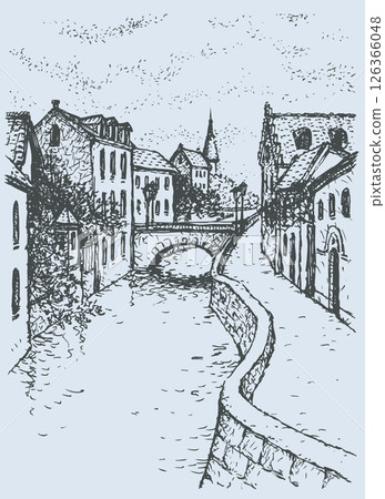 Vector cityscape of the narrow street with bridge over the canal 126366048