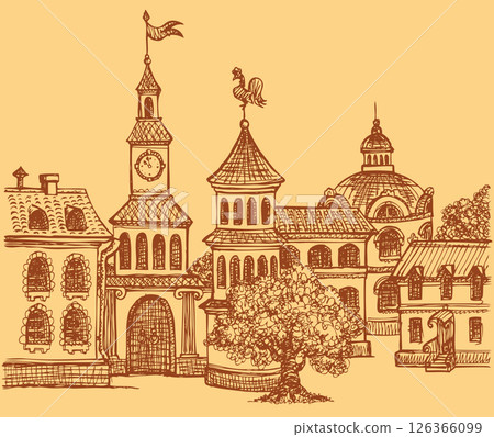 Vector doodle cityscape. Panorama fabulous old town square 126366099