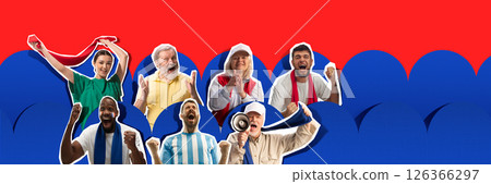 Fans of different age and gender shouting and waving scarves in excitement against bright blue red backdrop. 126366297