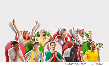 Sports fans expressing mixed emotions like excitement and disappointment in vibrant against white background. 126366299