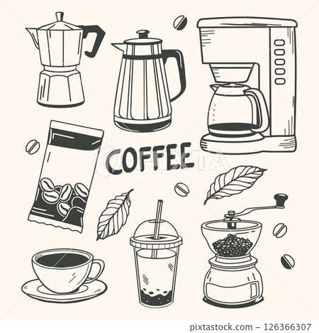 Coffee set with cups, coffee makers, grinders and beans. Coffee theme with different elements.. Hand drawn aesthetic illustration. Coffee set with cups, coffee makers, grinders and beans. Coffee theme with different elements.. Hand drawn aesthetic illustration. 126366307