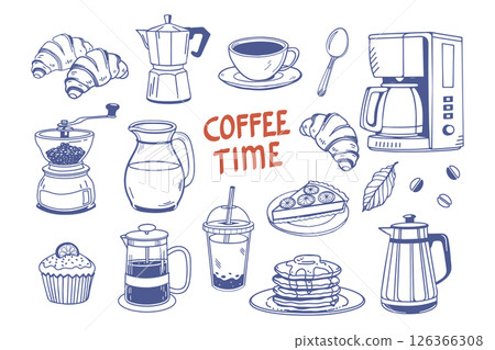 Coffee time with coffee cups, coffee makers, croissants and cakes. Coffee theme with different elements. Hand drawn aesthetic illustration. 126366308