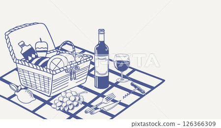Picnic scene with food, wine and basket. Dolce vita lifestyle illustration for cafe, restaurants menu. Hand drawn sketch illustration, invitation, poster. 126366309
