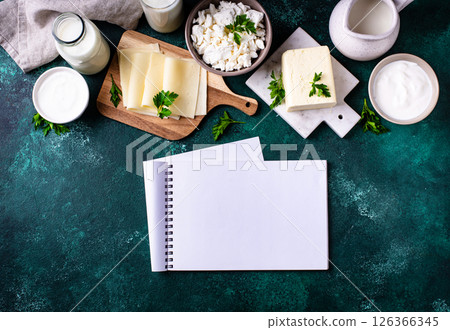 Dairy products. Milk, cottage cheese, cream, butter and yogurt Dairy products. Milk, cottage cheese, cream, butter and yogurt 126366345