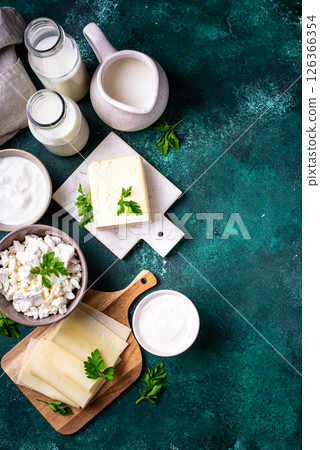 Dairy products. Milk, cottage cheese, cream, butter and yogurt Dairy products. Milk, cottage cheese, cream, butter and yogurt 126366354