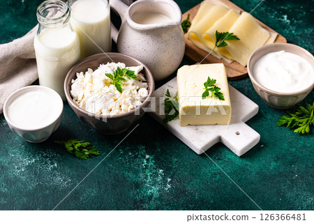 Dairy products. Milk, cottage cheese, cream, butter and yogurt Dairy products. Milk, cottage cheese, cream, butter and yogurt 126366481