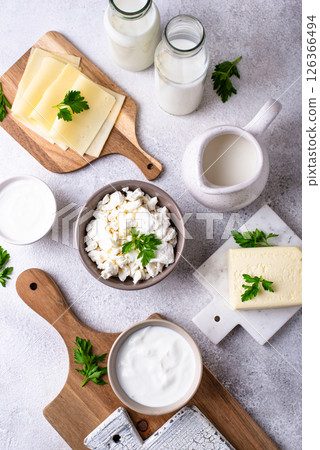 Dairy products. Milk, cottage cheese, cream, butter and yogurt 126366494