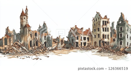 Damaged Historic Cityscape with Crumbling Buildings and Debris 126366519