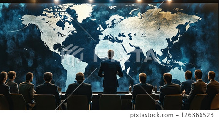 Group of executives facing illuminated planet Earth, concept of unity, global strategy, leadership 126366523