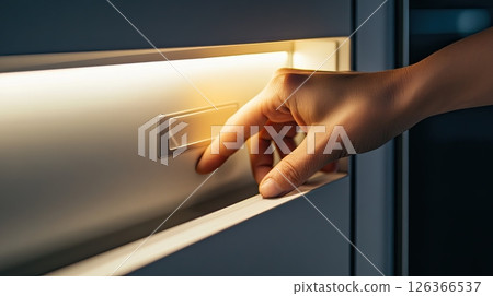 Hand pressing modern illuminated button on sleek control panel, close-up in warm ambient light 126366537