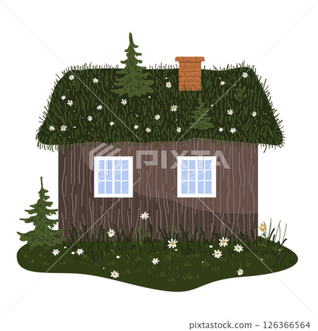 Cute old wooden Scandinavian house with a green grass roof on a daisy lawn. Norwegian hytter. Vector isolated illustration. Cute old wooden Scandinavian house with a green grass roof on a daisy lawn. Norwegian hytter. Vector isolated illustration. 126366564