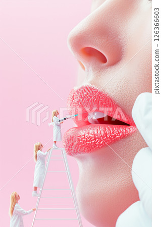 A woman's lips are painted with a bright pink color 126366603