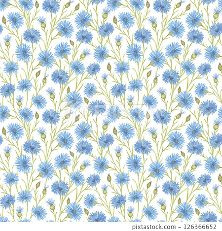 Watercolor seamless pattern of blue Cornflowers, green buds and stems. A complex Floral Background with an interweaving of flowers. Trendy Vintage style wallpaper, pattern for fabric, paper, interior. Watercolor seamless pattern of blue Cornflowers, green buds and stems. A complex Floral Background with an interweaving of flowers. Trendy Vintage style wallpaper, pattern for fabric, paper, interior. 126366652