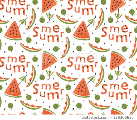 Summer Watermelon seamless pattern, with watermelon slices, textured Lettering Summer, pits and cocktail umbrellas. Bright juicy packaging for fruit drinks and Kitchen textiles. 126366653