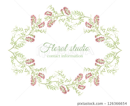 A Frame of watercolor Wildflowers and greenery, graceful grasses, a ready-made template for business cards, postcards, invitations. Botanical illustration in a minimalist style, with delicate flowers. 126366654
