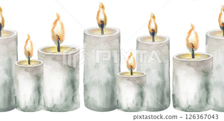 Seamless border with burning candles on a white background. Hand-drawn watercolor illustration with gray candles. The watercolor template for your design, labels, packaging, and printing is isolated. Seamless border with burning candles on a white background. Hand-drawn watercolor illustration with gray candles. The watercolor template for your design, labels, packaging, and printing is isolated. 126367043