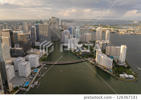 Miami, Florida, major USA city. Brickell Key Bridge. Waterfront skyscraper buildings in downtown district. American megapolis with business financial district 126367181
