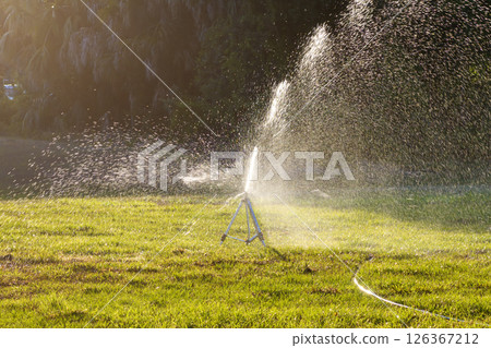 Irrigation lawn sprinkler spreading water over backyard grass in dry season to keep it green and fresh 126367212