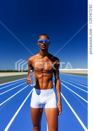 A man in a white pair of shorts is holding a bottle of water 126367292
